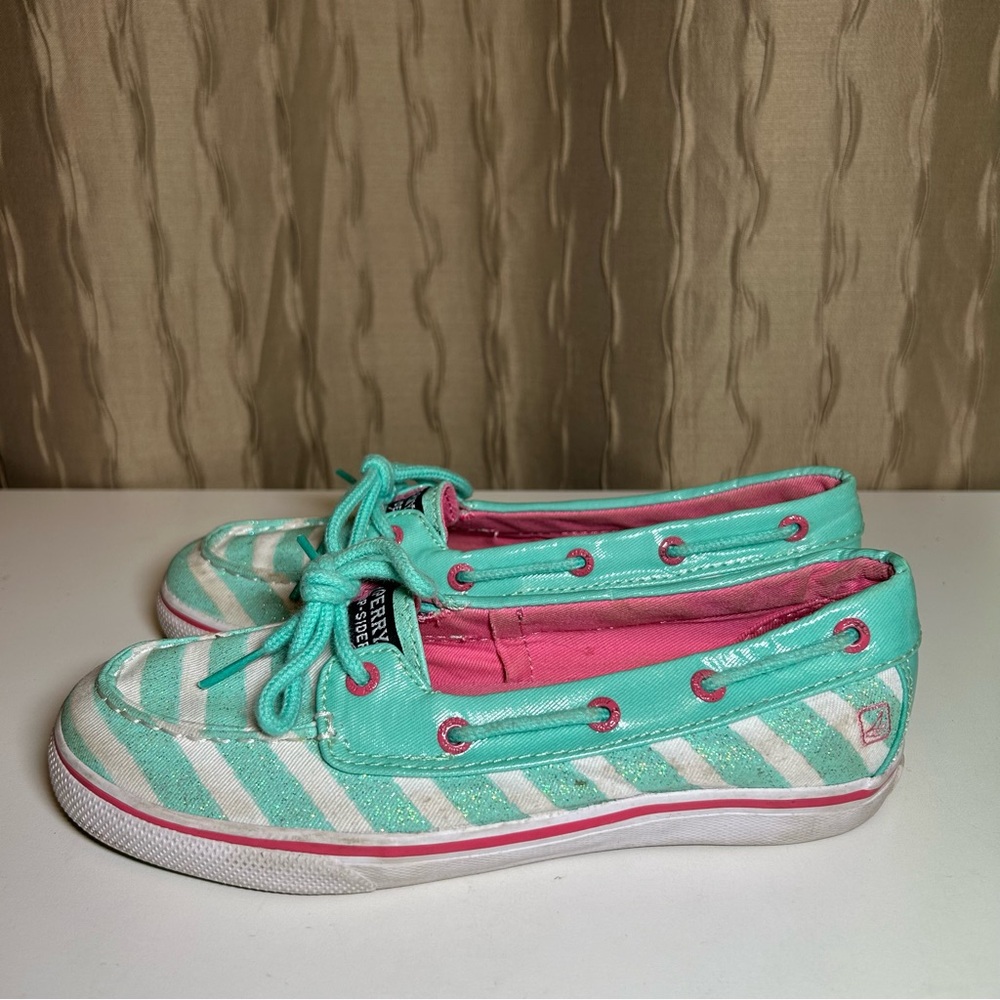Sperry Top Sider Biscayne 1 Eye Girl's 3 Mint Green Striped Boat Shoes Slip On